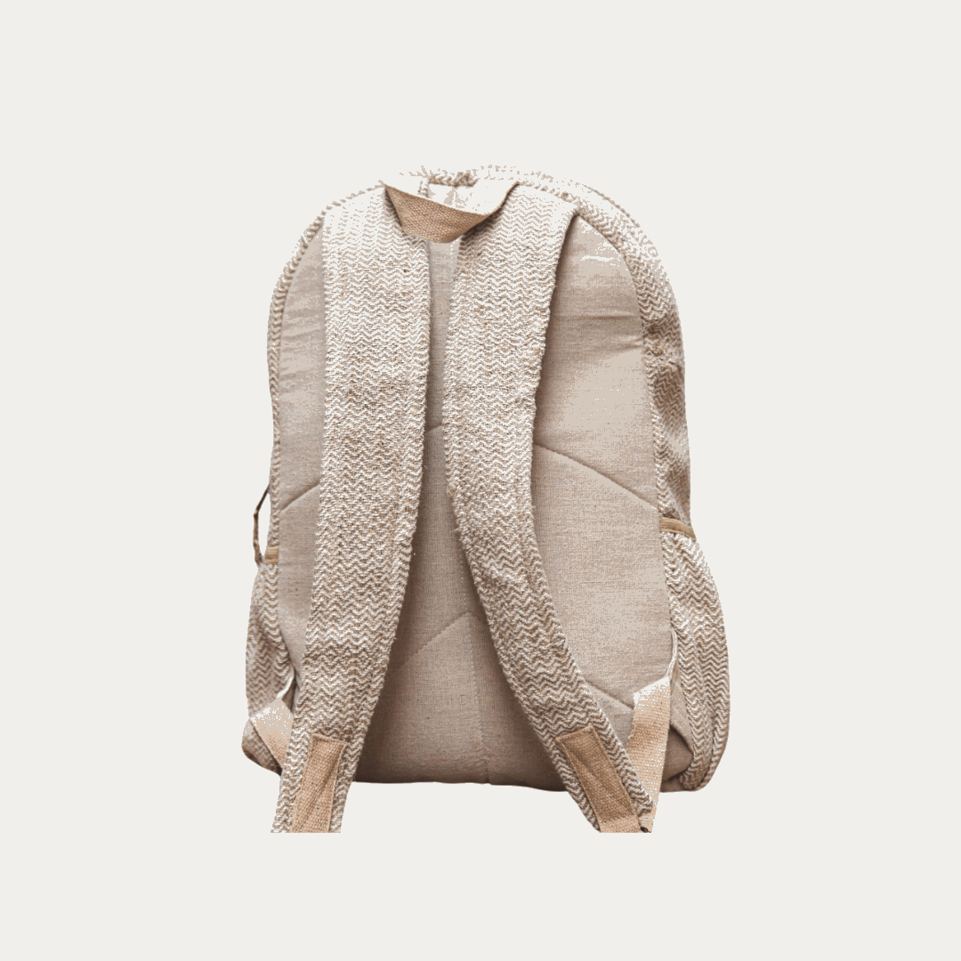 Eco-friendly and stylish hemp backpack, shown from the back, highlighting the natural beige fabric and adjustable straps.