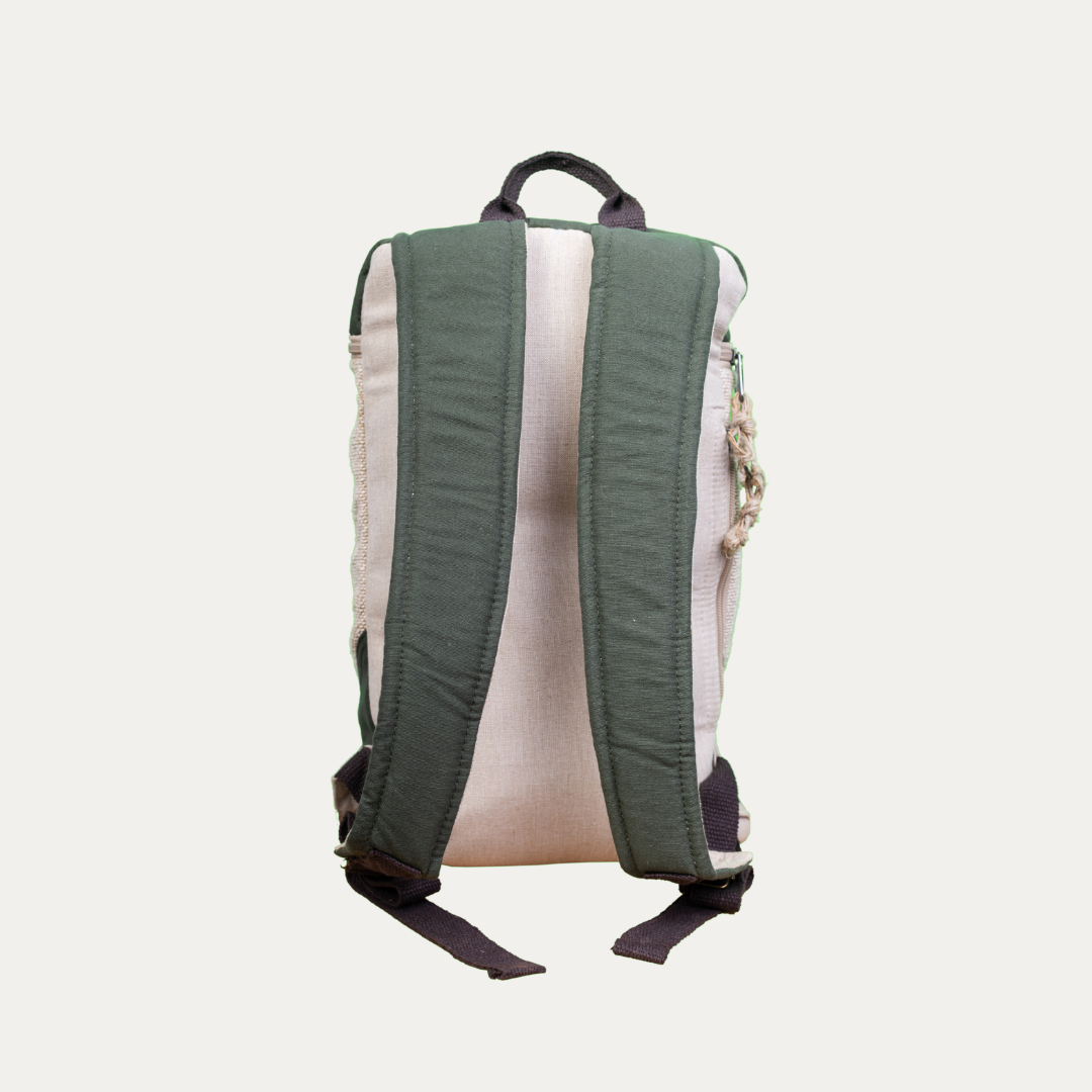 Handcrafted hemp backpack with green canvas back and straps, shown from the back.