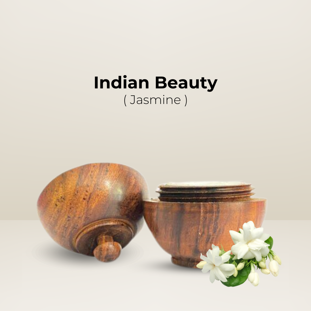 "Indian Beauty (Jasmine): Natural solid body wax perfume in a beautiful wooden jar with fresh jasmine flowers."