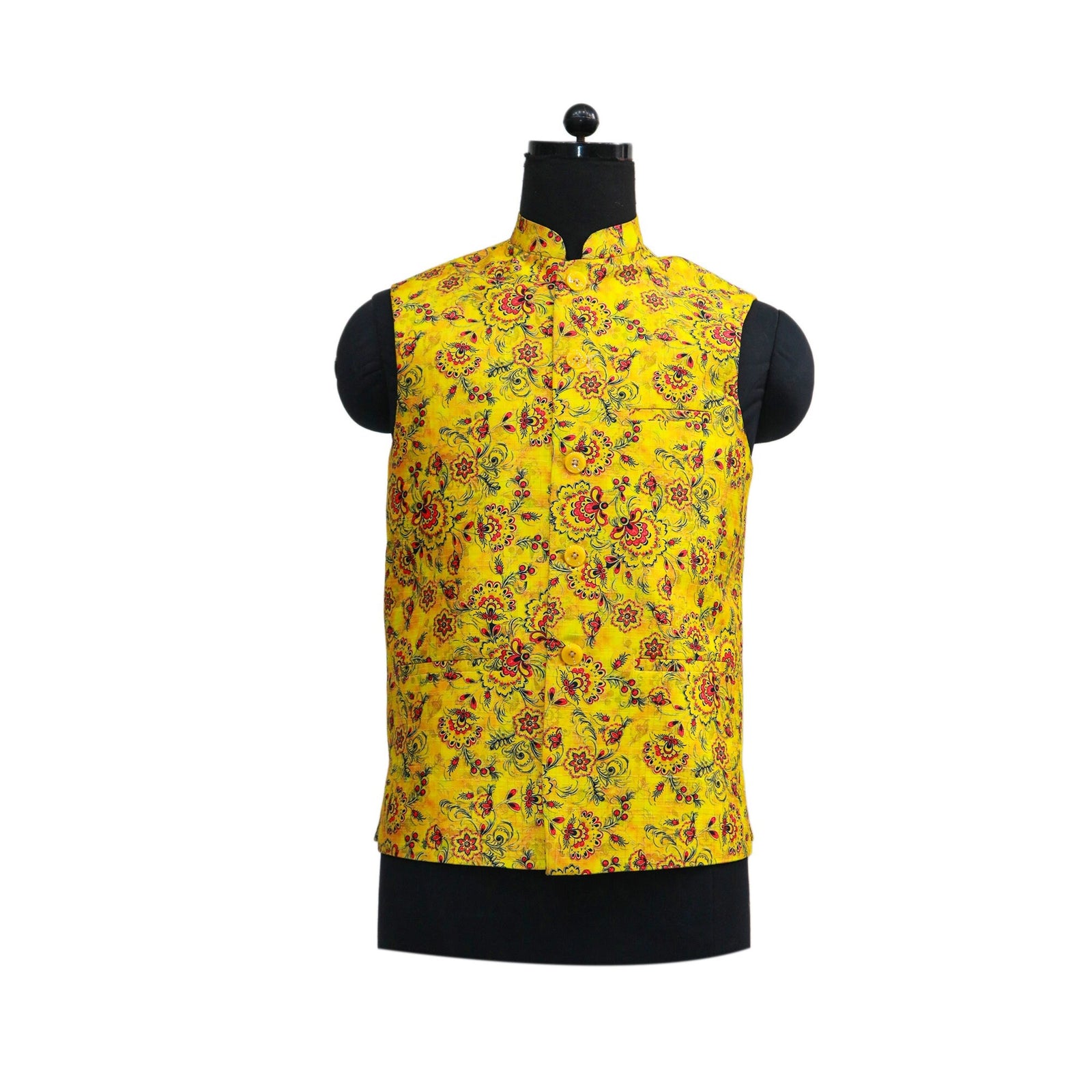 Yellow floral Nehru jacket, a traditional Indian vest, on a mannequin. Perfect for parties or ethnic-themed events.