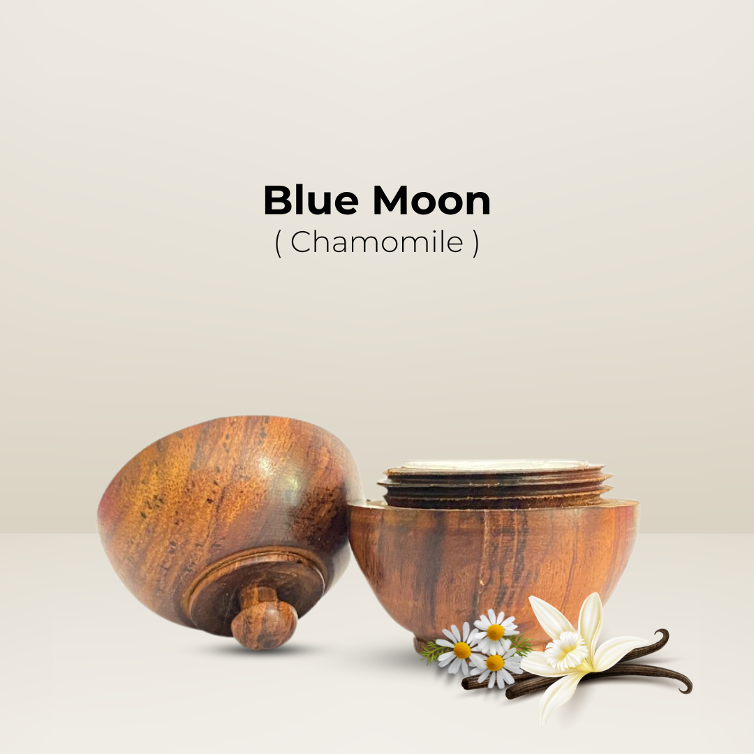 Blue Moon solid body wax perfume in a luxurious wooden jar with chamomile and vanilla scent.