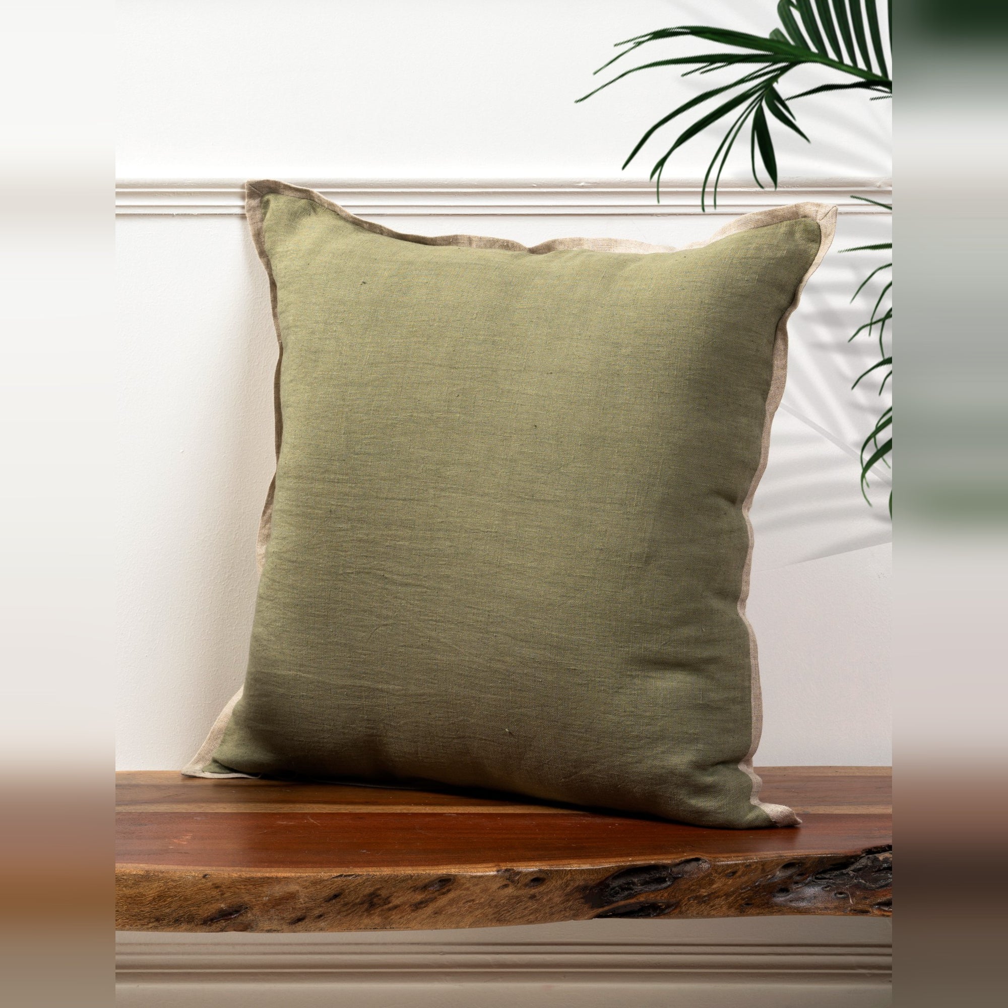 Pure Linen Earthy Cushion Cover – Made with Linen in Soothing Pastel Green with Beige Borders, Adding Sophistication and Elegance to Any Sofa or Bed, Ideal for Enhancing Your Living Space and Creating a Serene Ambience (Set of 2)