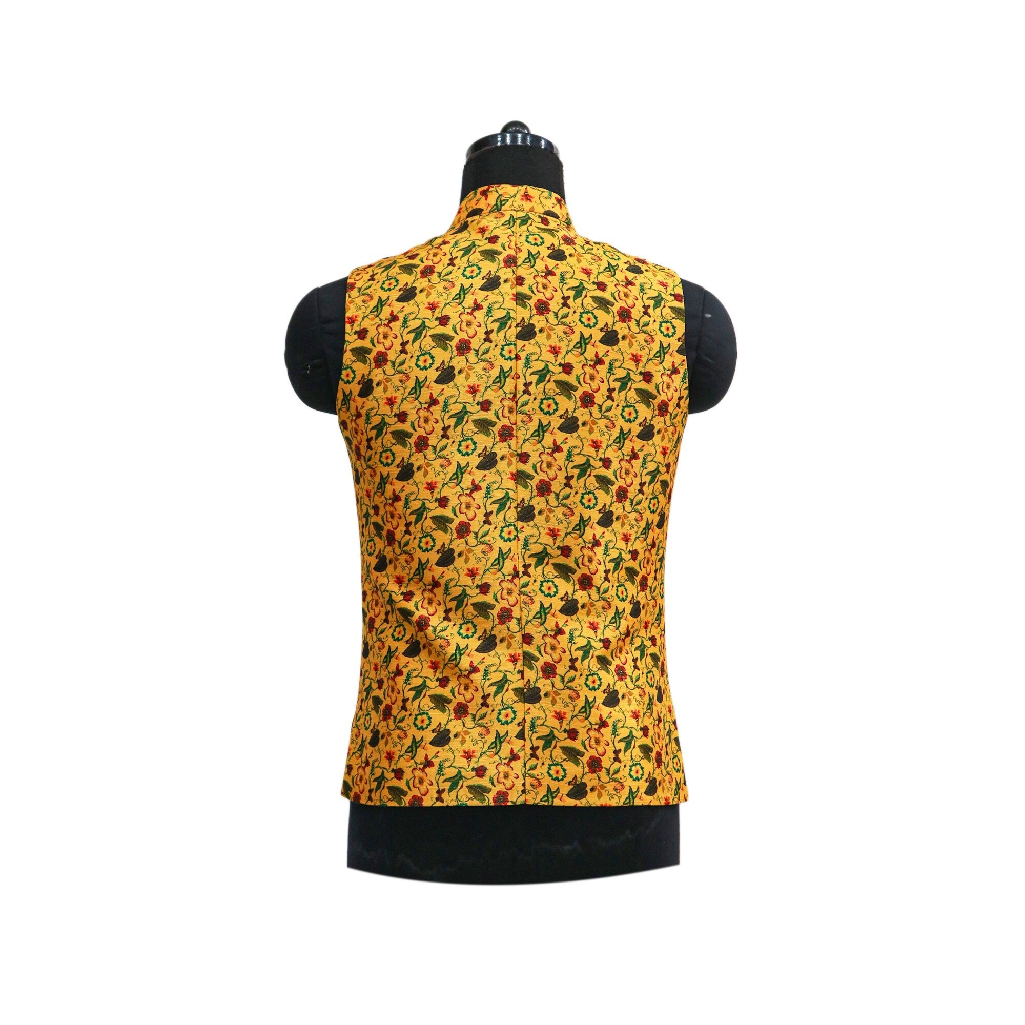 Handmade yellow floral Nehru jacket, shown on a mannequin, from the back.