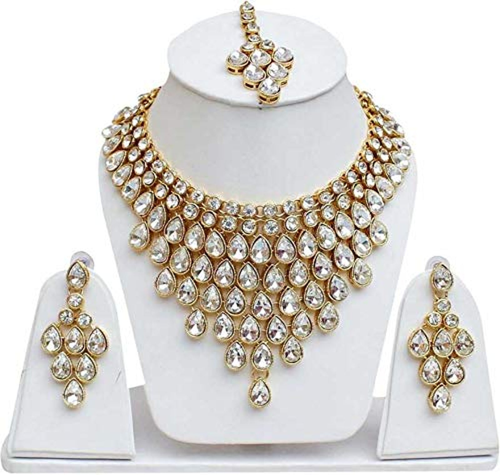 Luxurious Gold-Plated Kundan Choker Necklace Set, Maang Tikka and Earrings, Traditional Indian Wedding Jewelry (Set of 2)