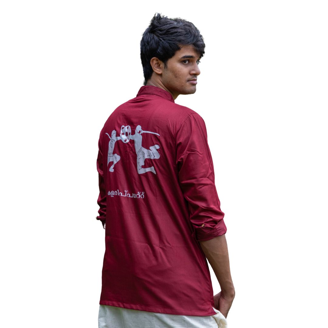 Kalaripayattu Logo Loop Sleeve Kurta, Super Soft Giza Cotton, Mandarin Collar, Men's Traditional Kerala Shirt, Festive Short Kurta (Size 44, Maroon)