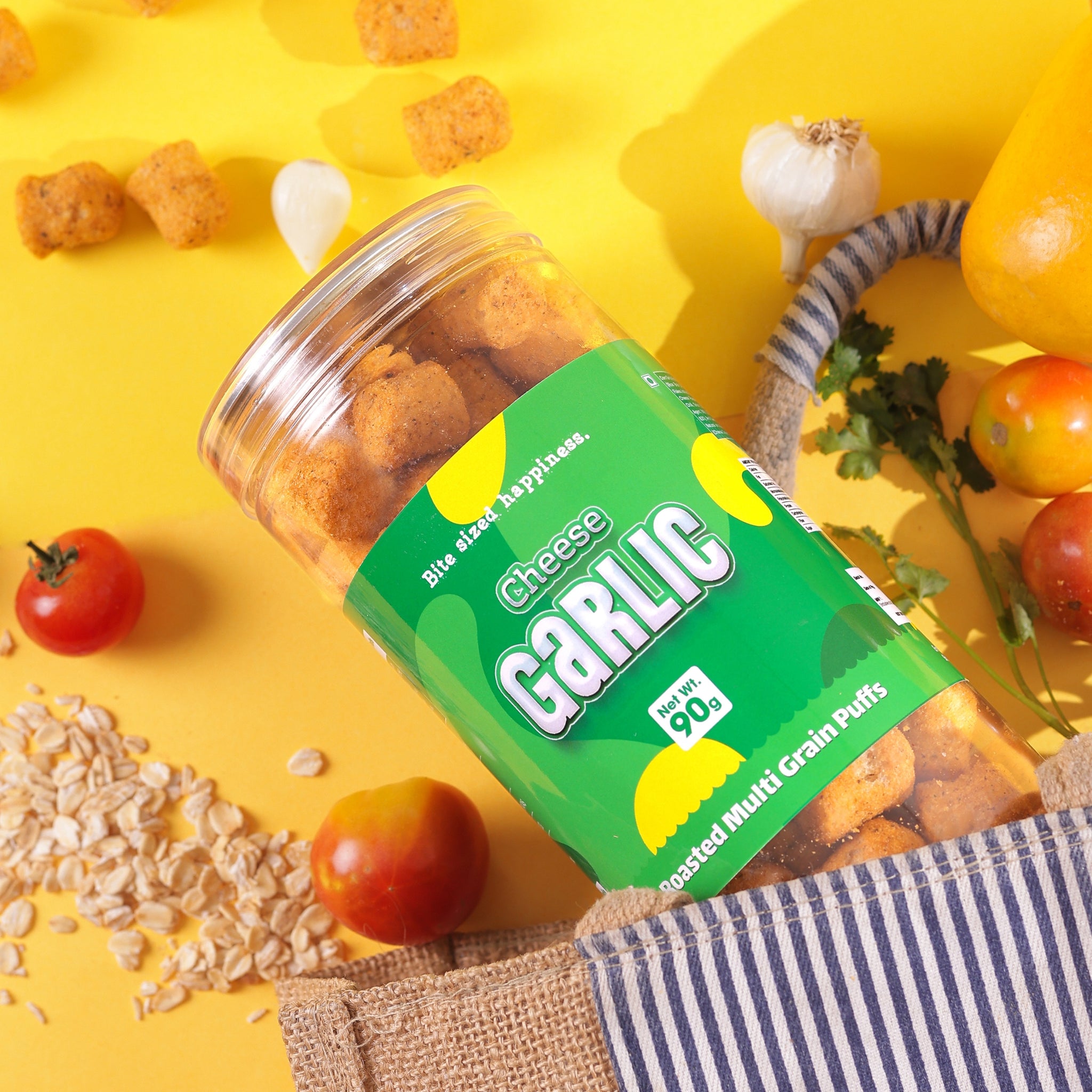 Crack A Nut's Cheese Garlic Roasted Multi-Grain Puffs, Savory & Healthy Snack, Packed with Protein & Low in Sugar, Lightly Roasted Multi-Grain Goodness, Perfect for Cravings & Guilt-Free Indulgence, 100g.