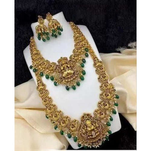 Opulent Gold-Plated Temple Jewelry Set, Emerald Accents - Bridal Necklace, Long Chain, and Jhumka Earrings, Traditional Indian Wedding Jewelry (Set of 2)