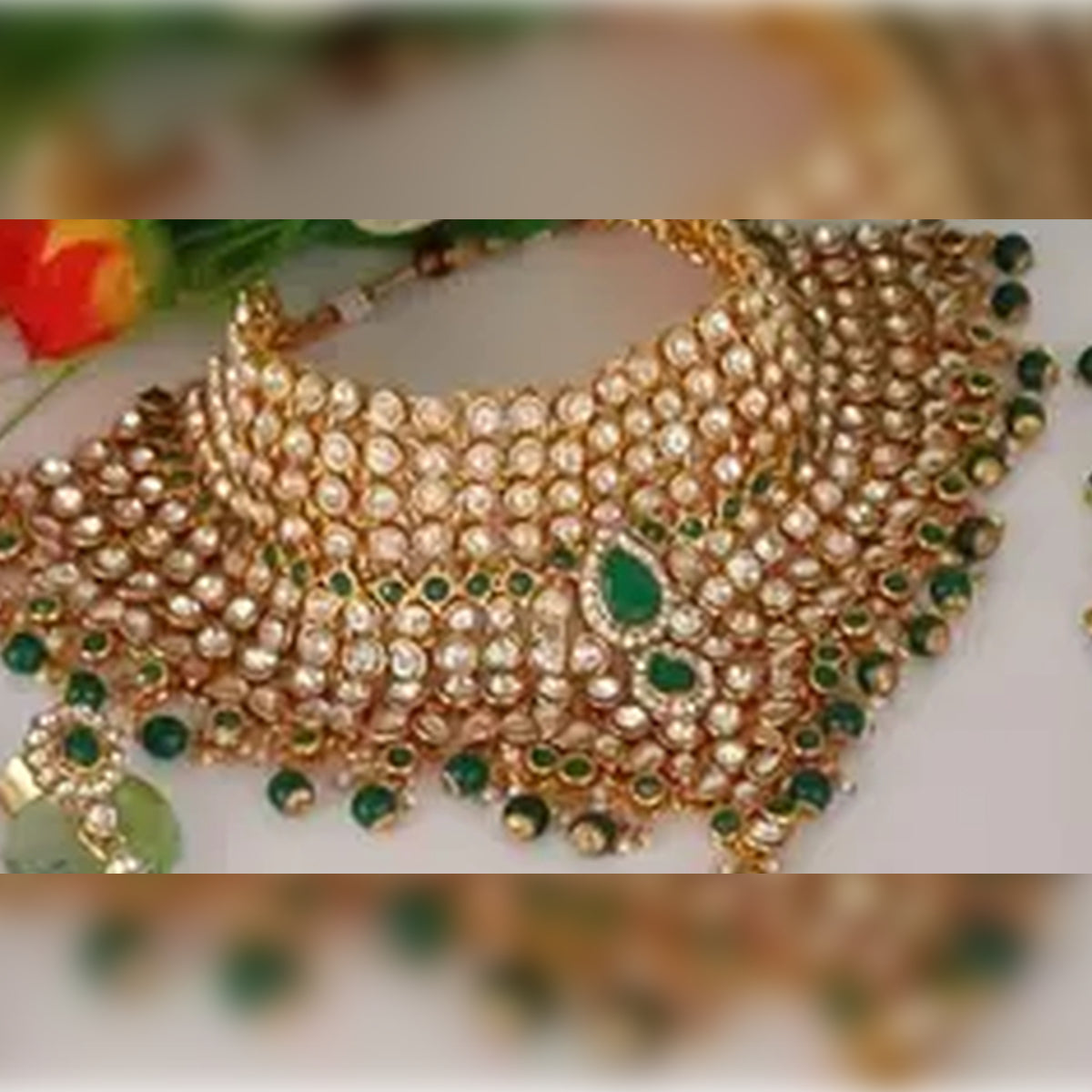 Green Kundan Bridal Jewelry Set, Pearl Drops - Complete Wedding Collection, Choker, Earrings, Mathapatti & Hand Chain, Traditional Indian Wedding Jewelry (Set of 2)