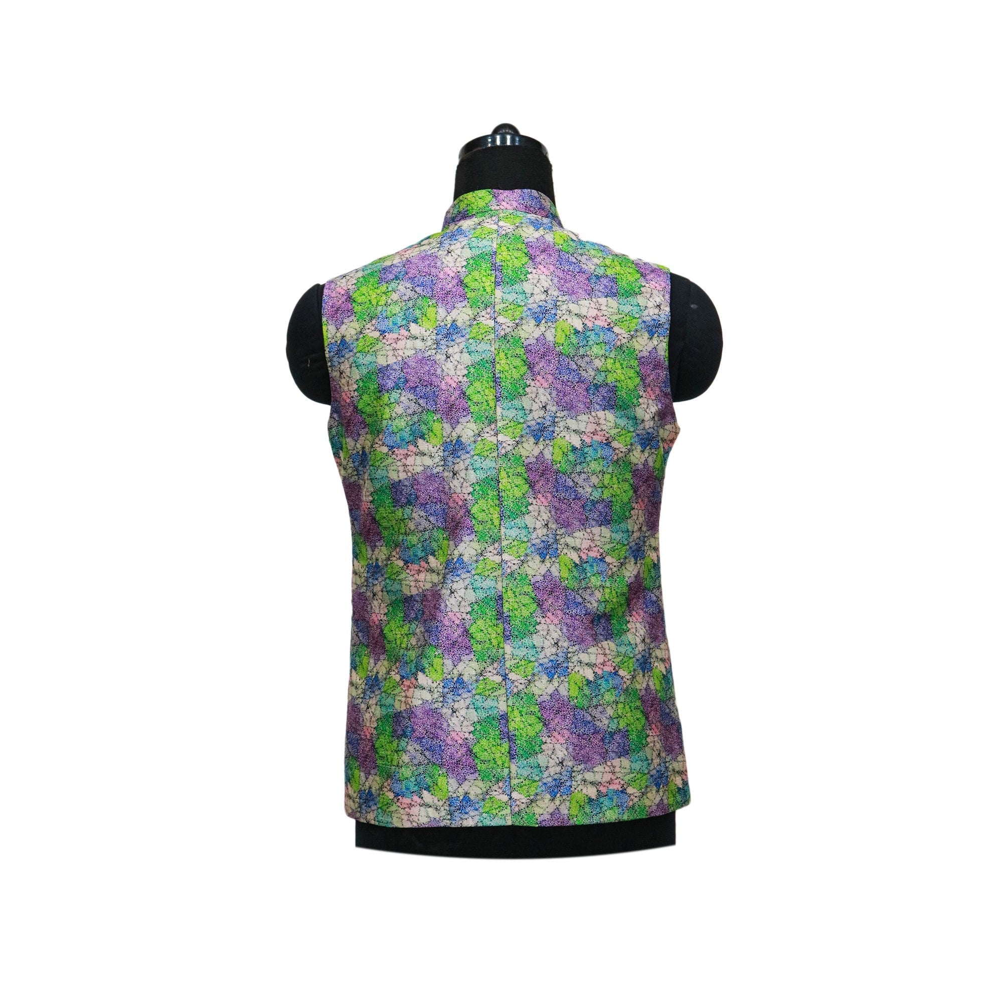 Handmade floral Nehru jacket in green, blue, and purple, displayed on a mannequin. Perfect for parties or ethnic events.