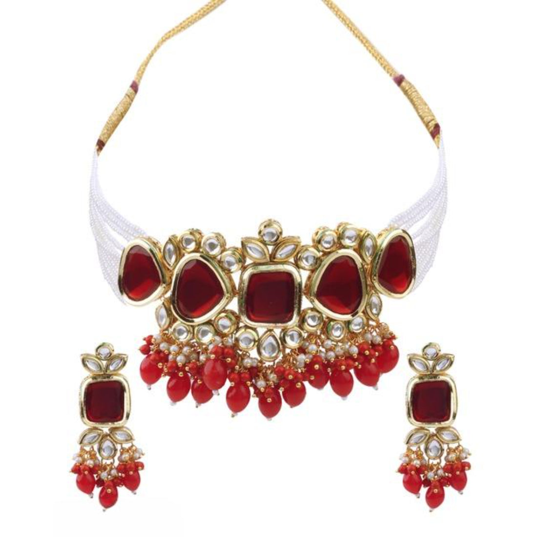 Elegant Red and Gold Indian Kundan Choker Necklace and Earring Set, Traditional Indian Wedding Jewelry (Set of 2)