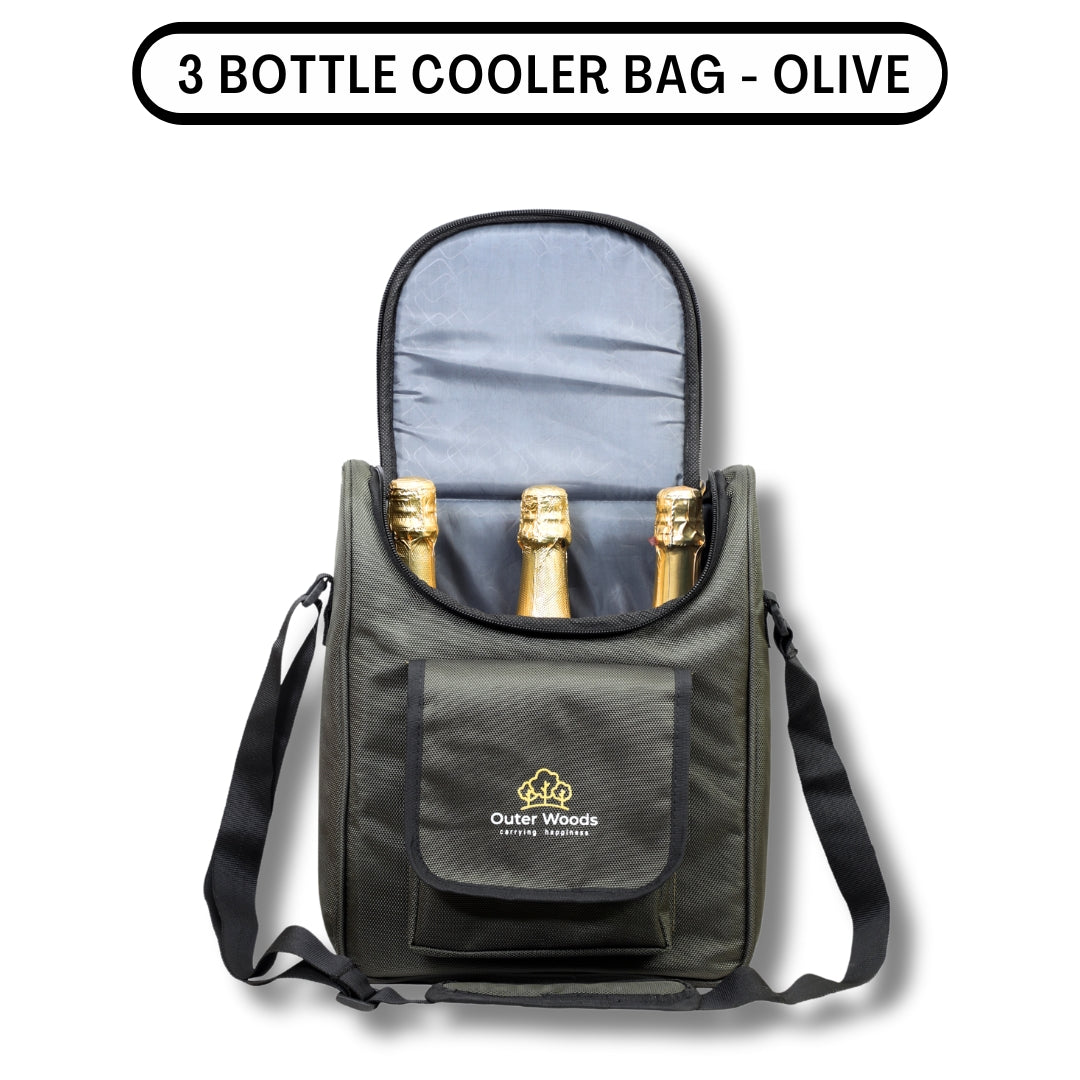 Outer Woods Nylon Insulated 3 Bottle Wine Cooler Bag 360 Degree Padded Protection For Glass Bottles Adjustable Slots, Snacks Pockets Ideal For Travel, Picnic, Party, Outing, Camping, Gifting