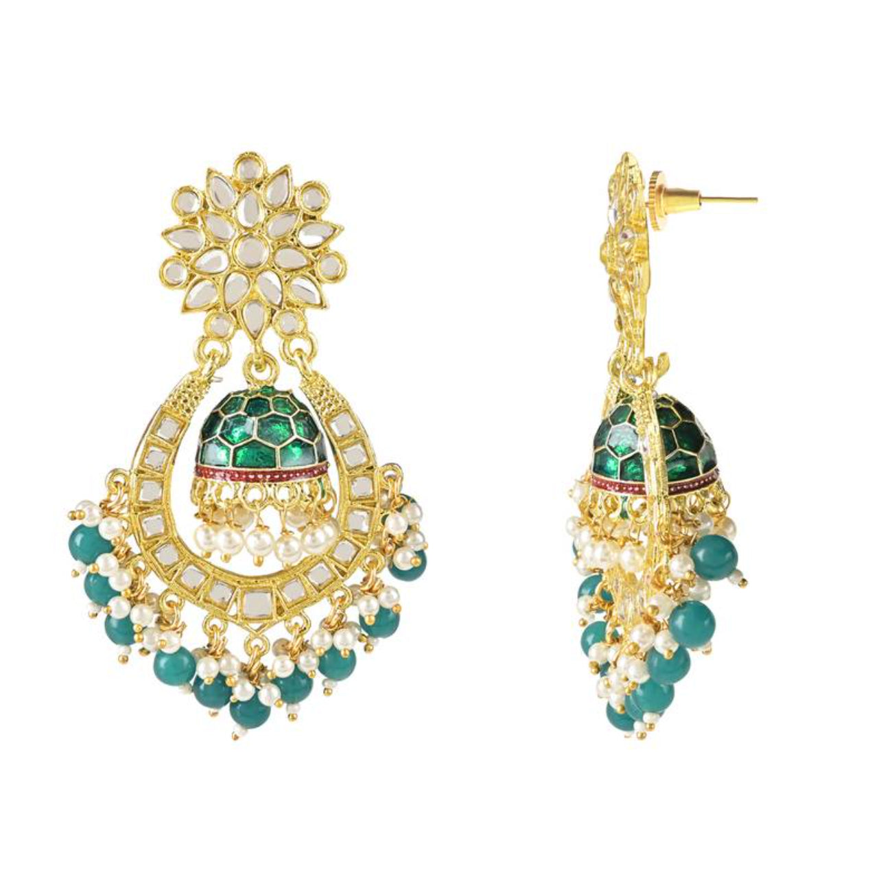 Green and Gold-Plated Kundan Chandbali Earrings – Traditional Indian Jhumka Earrings, Pearls, Traditional Indian Wedding Jewelry (Set of 1)