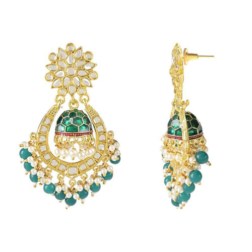 Green and Gold-Plated Kundan Chandbali Earrings â€“ Traditional Indian Jhumka Earrings, Pearls, Traditional Indian Wedding Jewelry (Set of 1)