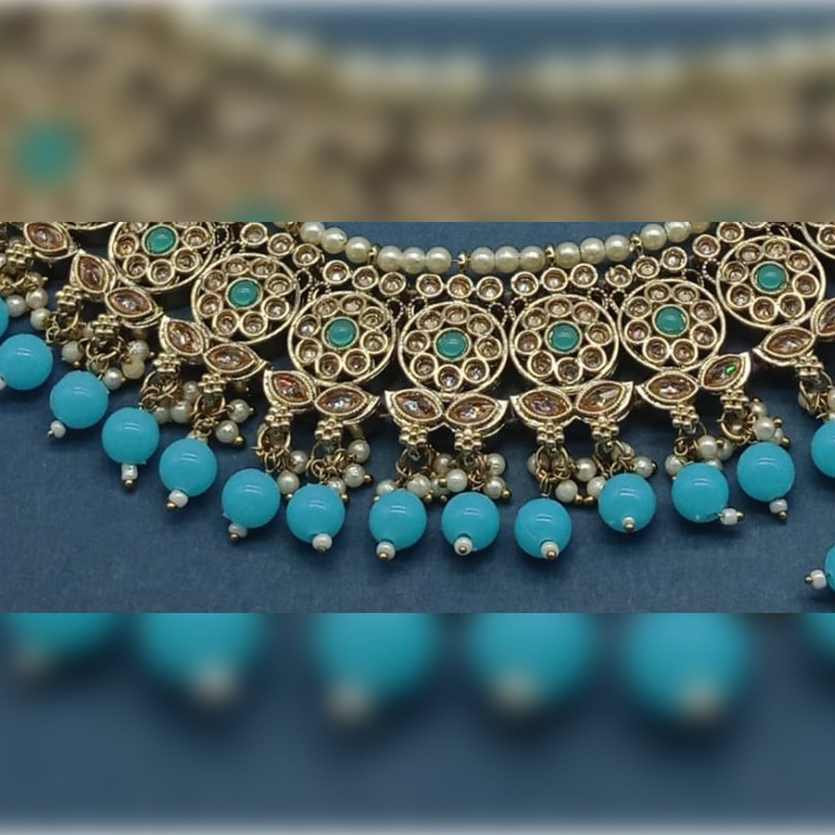 Elegant Turquoise and Gold Kundan Choker Necklace Set, Earrings and Maang Tikka, Traditional Indian Wedding Jewelry (Set of 2)