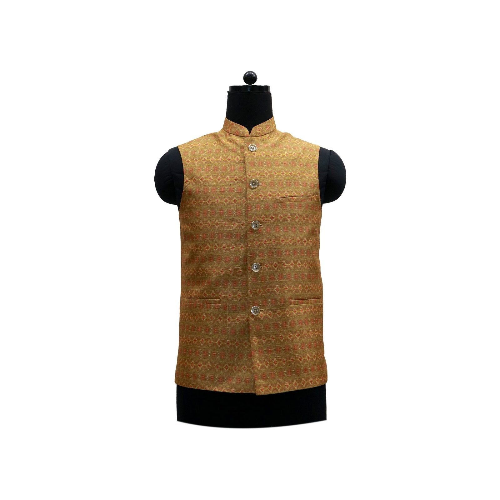 Gold handmade Nehru jacket with vintage floral pattern on a mannequin.