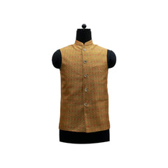 Gold Nehru Jacket with Subtle Red Geometric Print | Stylish Sleeveless Vest for Weddings & Festive Events