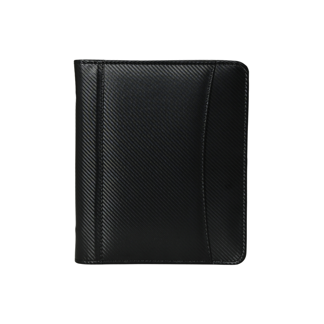 Sleek black top grain leather business portfolio with textured finish, perfect for organizing documents and taking notes.