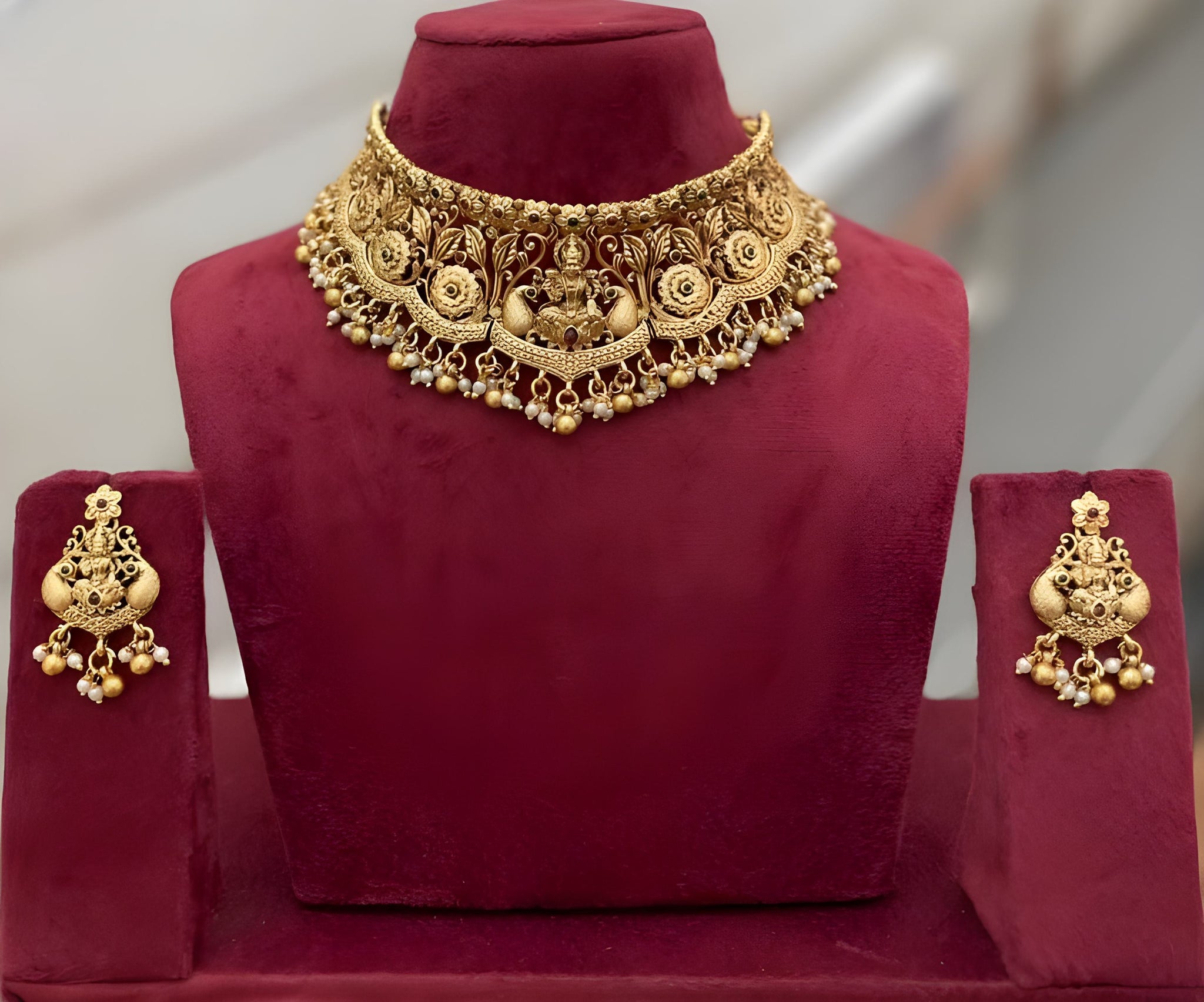 Traditional Gold-Plated Temple Choker Necklace Set Handcrafted Ethnic Jewelry for Weddings & Festivals, Traditional Indian Wedding Jewelry (Set of 2)