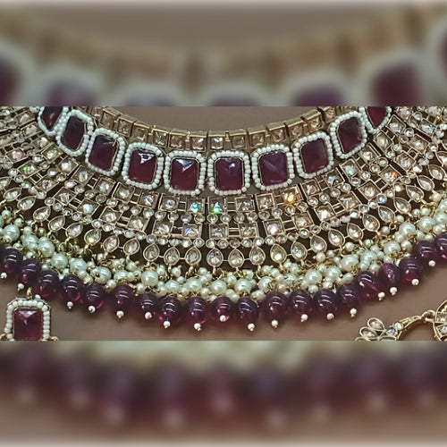 Exquisite Pearl and Jewel-Encrusted Bridal Jewelry Set Wine Color, Traditional Indian Wedding Jewelry (Set of 3)