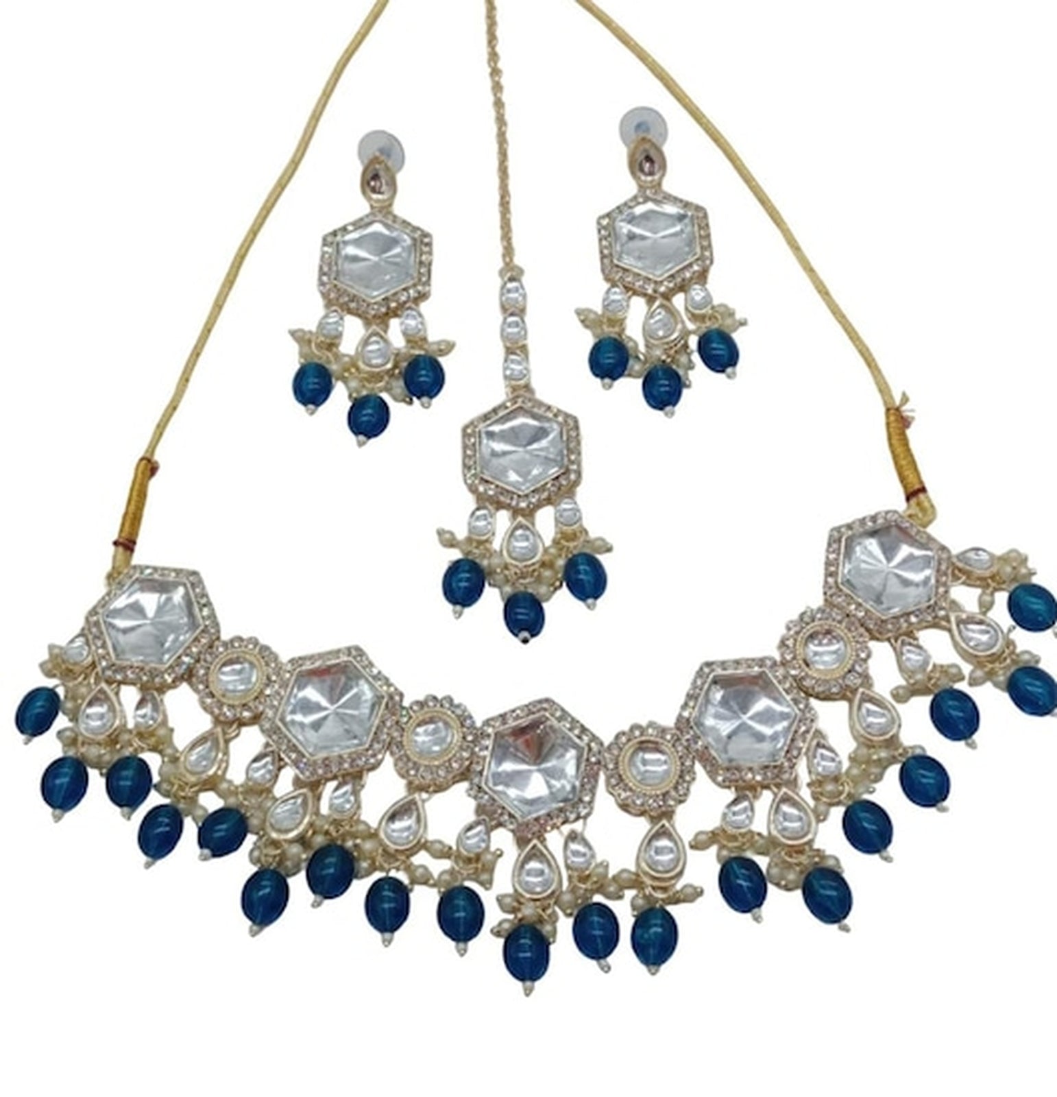 Elegant Kundan-Style Blue and White Necklace, Earrings, and Tikka Set, Traditional Indian Wedding Jewelry (Set of 2)