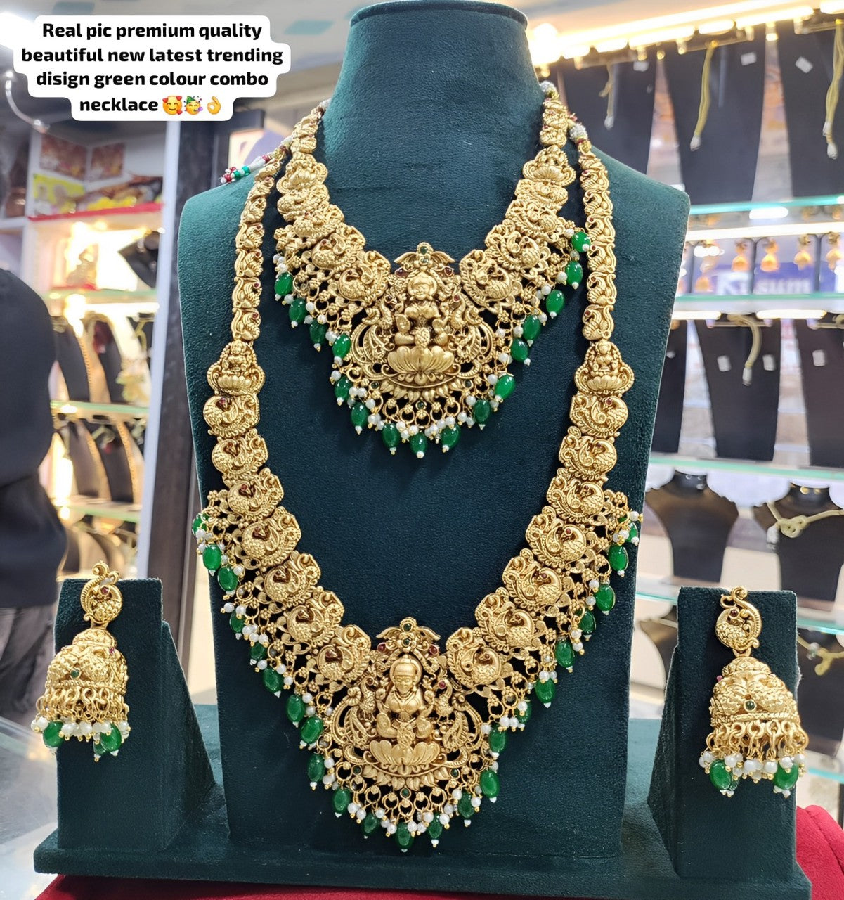 Premium Gold Plated Double Layer Lakshmi Temple Necklace Set, Emerald Green Beads, Traditional Wedding Jewelry, Traditional Indian Wedding Jewelry (Set of 2)