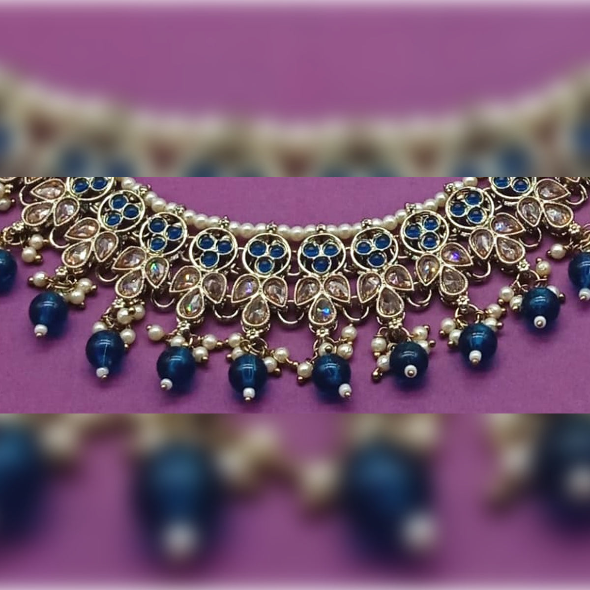 Elegant Blue and Gold Indian Bridal Jewelry Set, Kundan and Beads, Traditional Indian Wedding Jewelry (Set of 2)