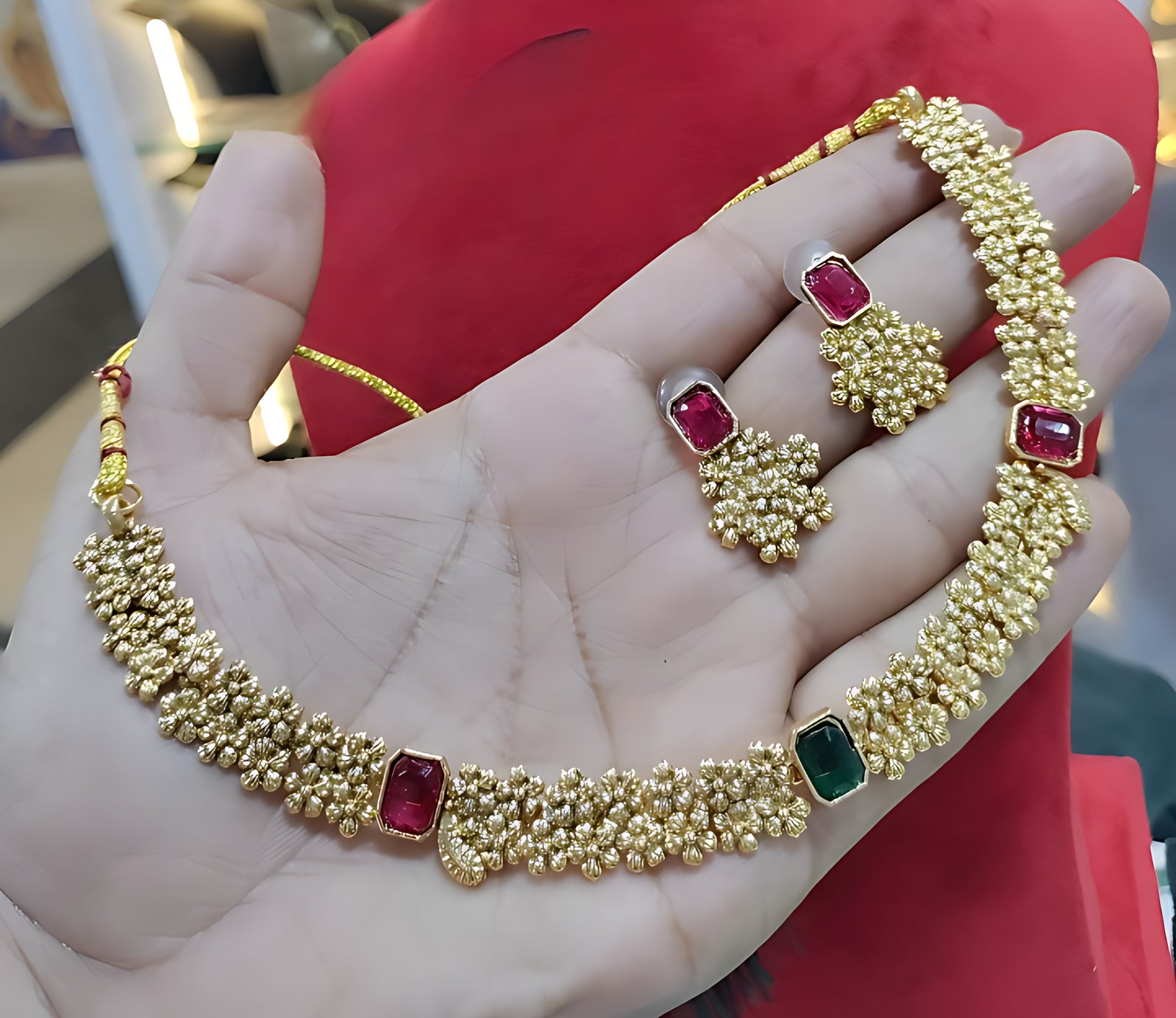 Designer Gold Floral Necklace Set, Ruby Green Stones Elegant Matt Gold Finish Jewelry Set for Women, Traditional Indian Wedding Jewelry (Set of 2)