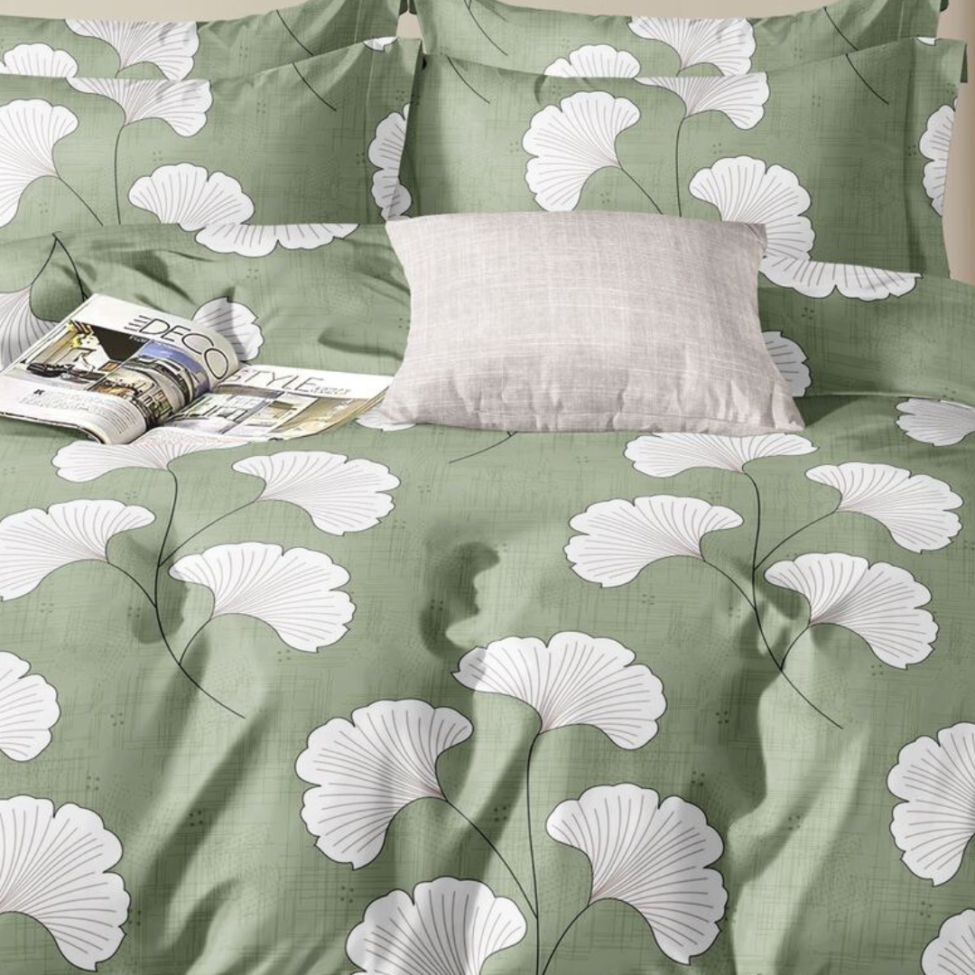 Green Floral Queen Size Polyester Bed Sheet Set | 3-Piece Fitted Bedding Set with 2 Pillow Covers