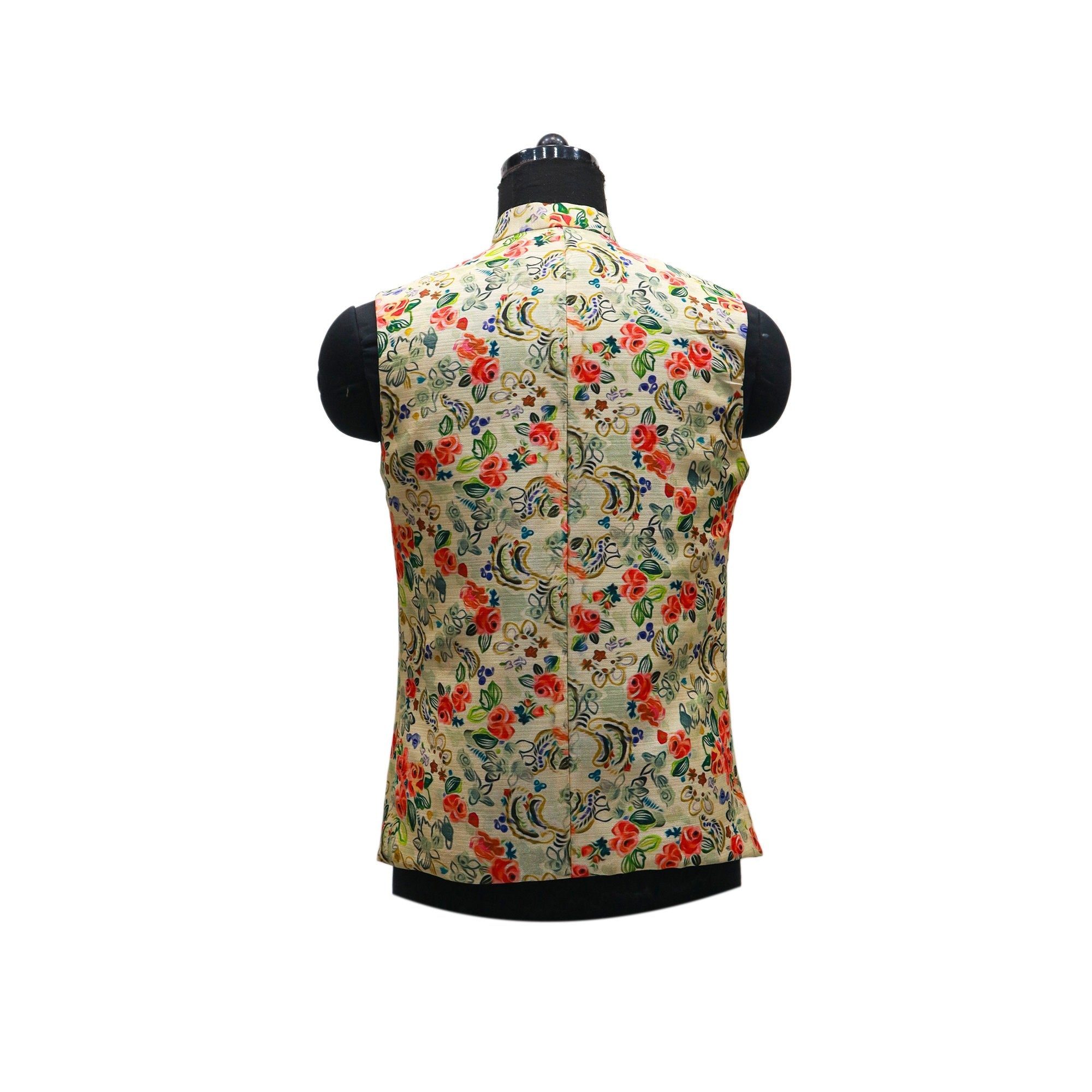 Cream colored men's Nehru jacket with a colorful floral pattern, shown on a mannequin from the back.