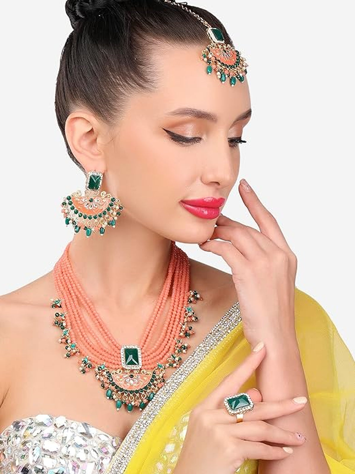 Indian Bollywood Bridal AD/CZ Long Maharani Haar Wedding Earring Necklace Jewellery Set, Traditional Indian Wedding Jewelry (Set of 2)