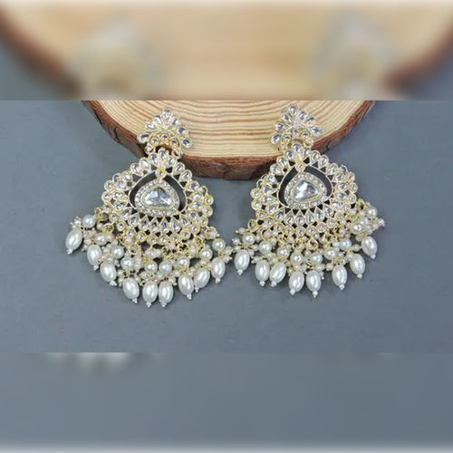 Exquisite Kundan-Inspired Chandelier Earrings, Pearl and White Accents, Traditional Indian Wedding Jewelry (Set of 1)