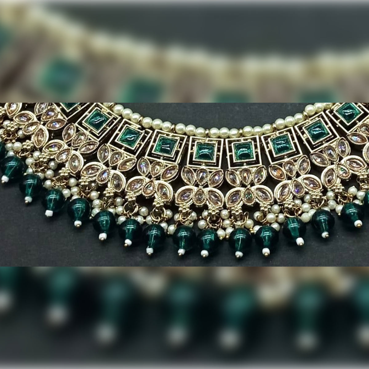 Exquisite Rama Green and Gold Kundan Jewelry Set, Pearl Accents, Traditional Indian Wedding Jewelry (Set of 2)