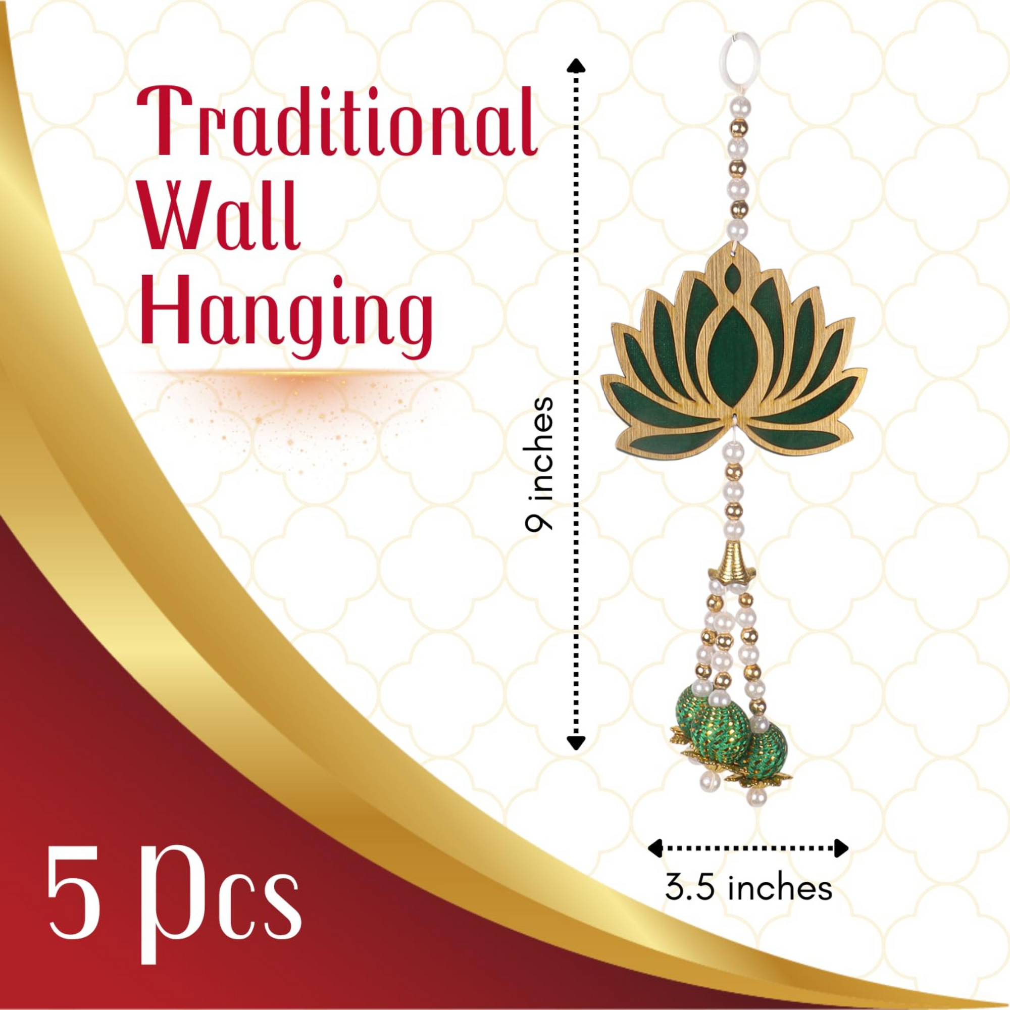 Lotus Wall Hanging Set with Jhumki Style & Beads | 9-Inch Decorative Flower Hangings for Home Décor (Set of 5, Green)