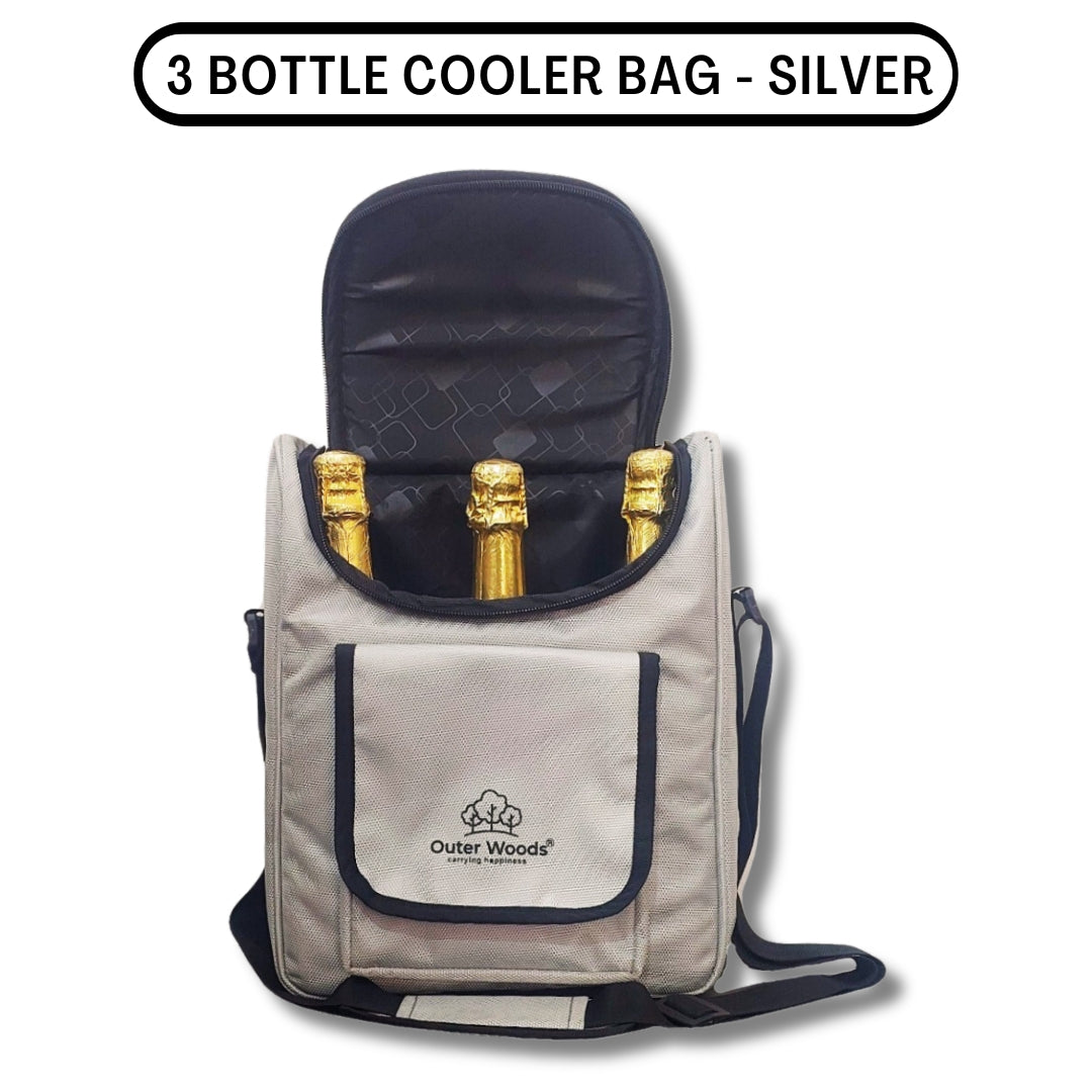 Outer Woods Nylon Insulated 3 Bottle Wine Cooler Bag 360 Degree Padded Protection For Glass Bottles Adjustable Slots, Snacks Pockets Ideal For Travel, Picnic, Party, Outing, Camping, Gifting