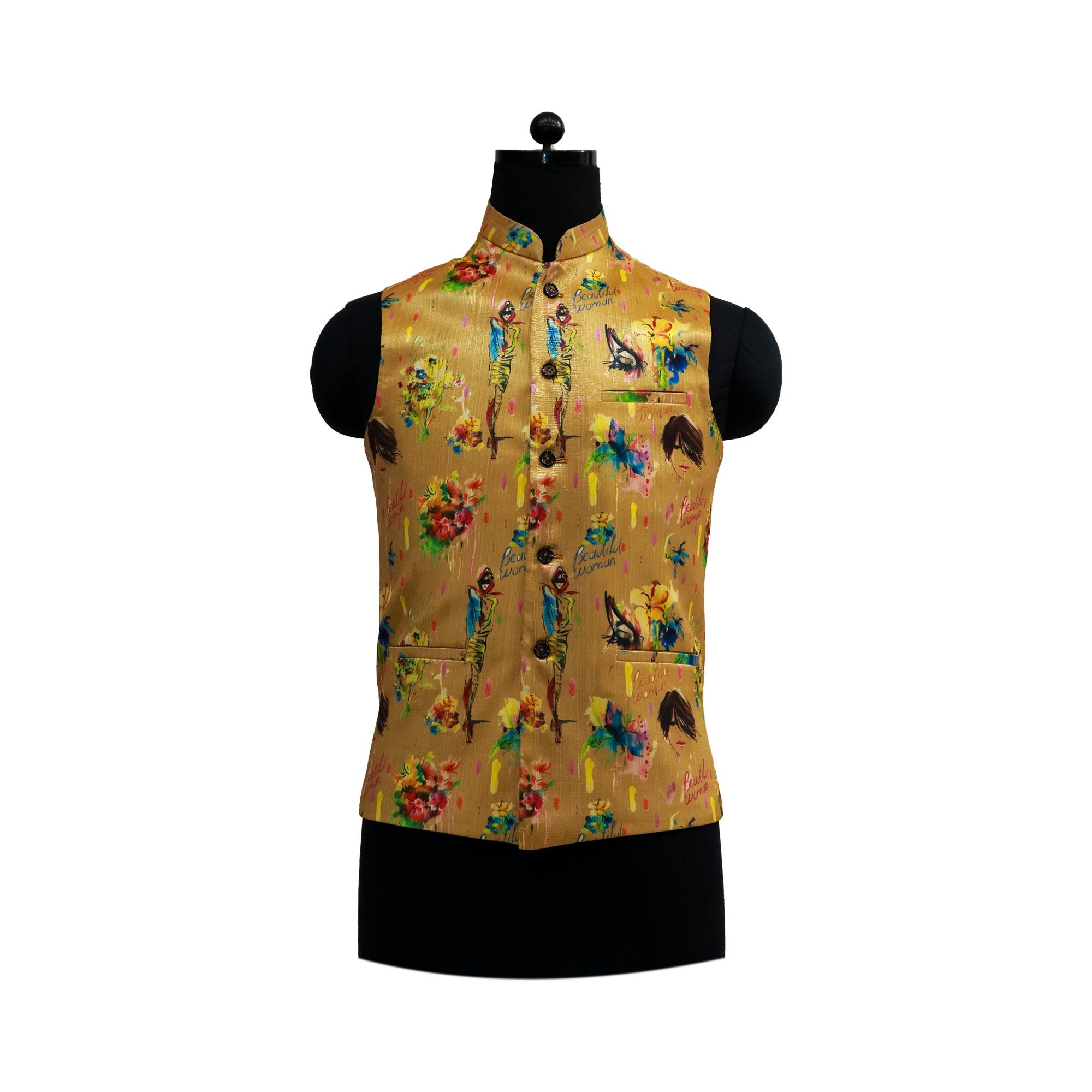 Gold floral Nehru jacket with a vintage, painted design on a mannequin. Perfect for party wear or special events.