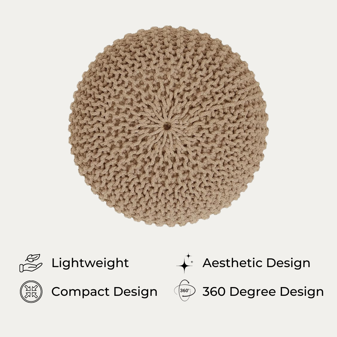 bellolin Hand-Knitted Round Boho Pouf | Cable Knitted Cord Boho Pouffe | Stuffed Pouf Accent Beanbag Chair | Footrest For Living Room, Bedroom, Nursery, Covered Patio, Study Nook, Beige