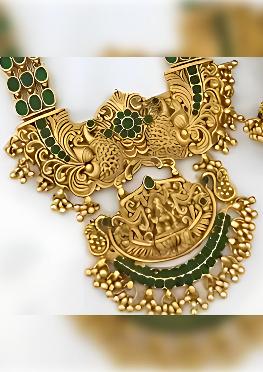 Exquisite Antique Gold Temple Jewelry, Emerald Accents - South Indian Bridal Collection, Traditional Indian Wedding Jewelry (Set of 2)