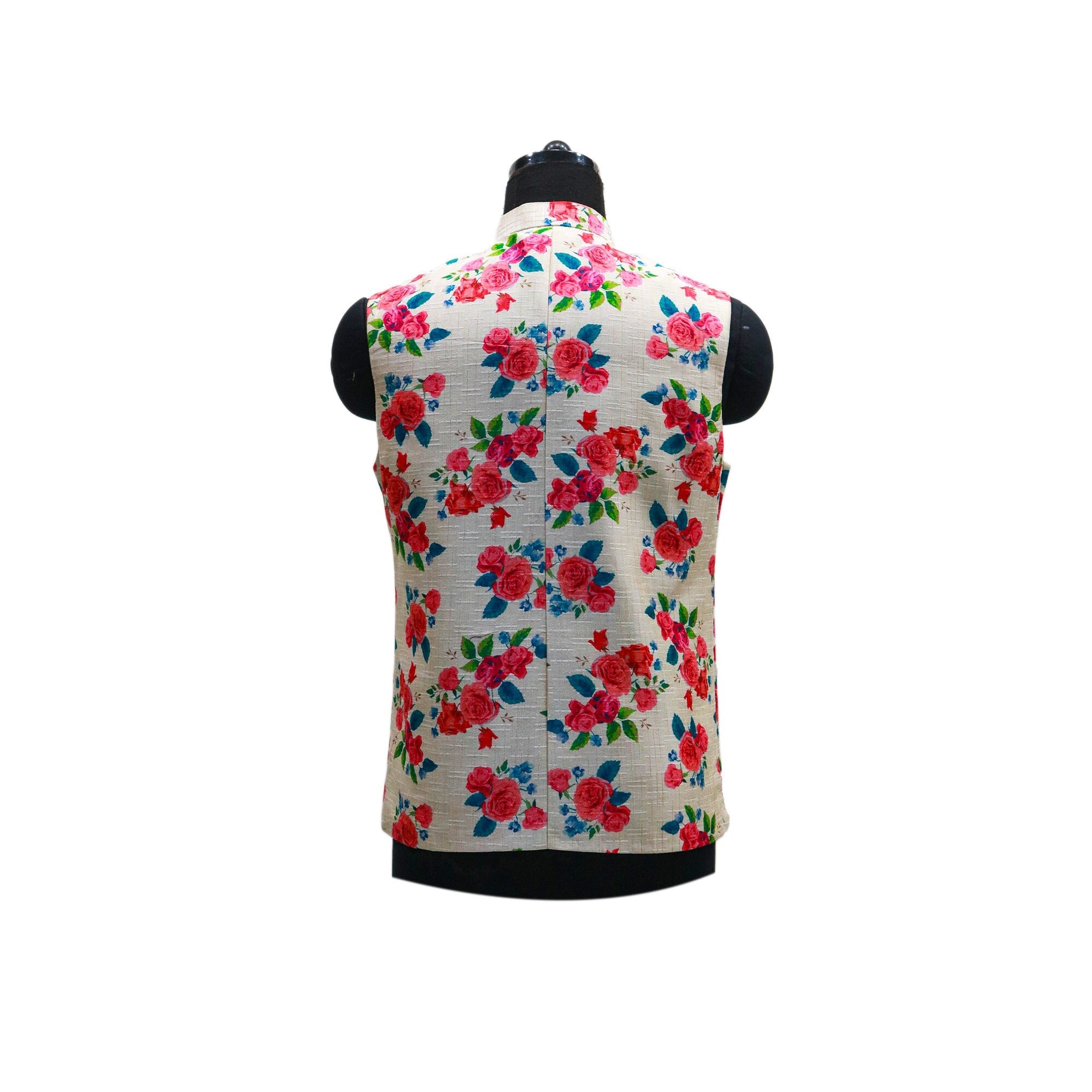 Handmade vintage floral Nehru jacket in cream with a vibrant rose pattern, perfect for parties or special occasions.