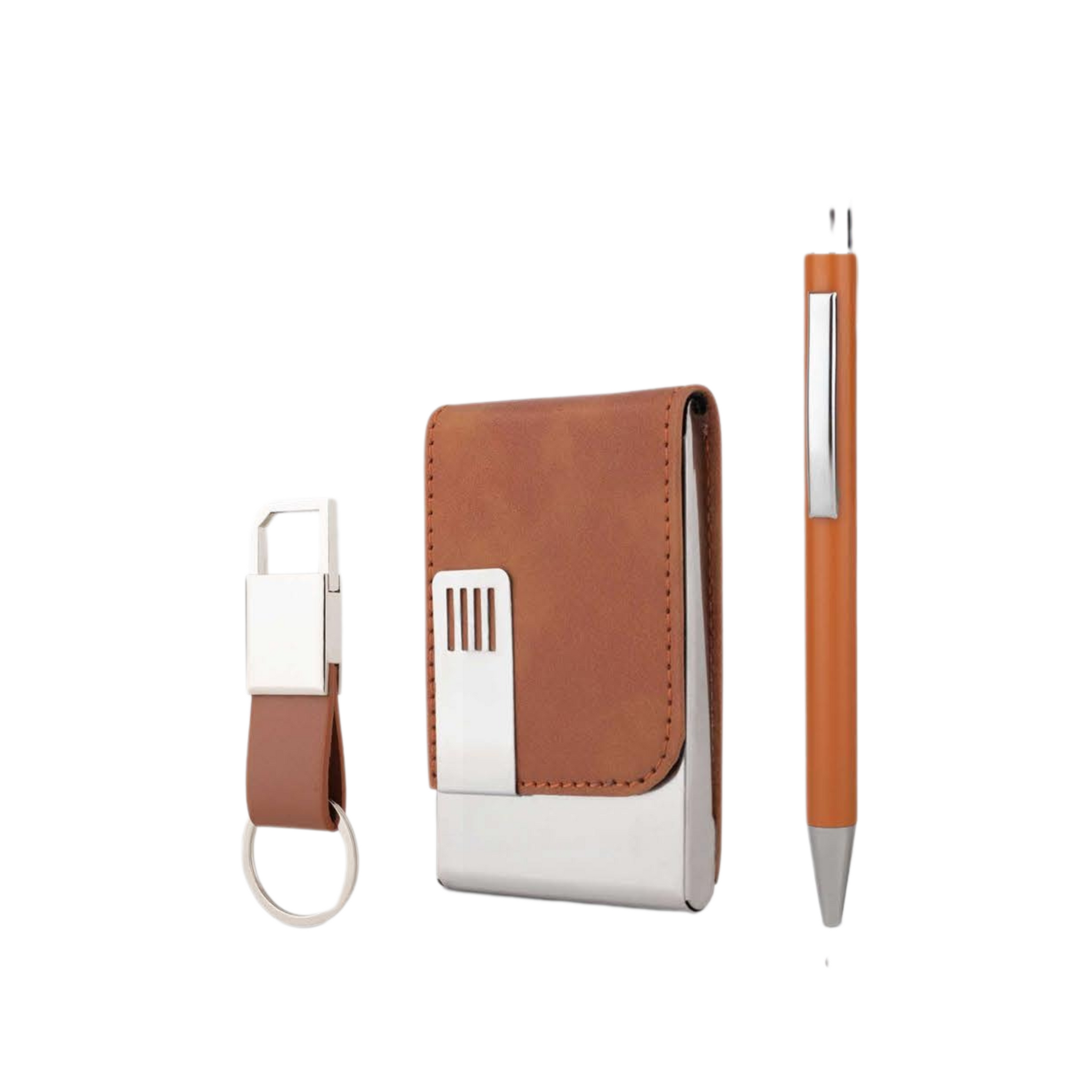 Nova Premium Corporate Gift Set with Metal Pen, Card Holder & Keychain | 3-in-1Custom Business Gift Set with Brown PU Leather