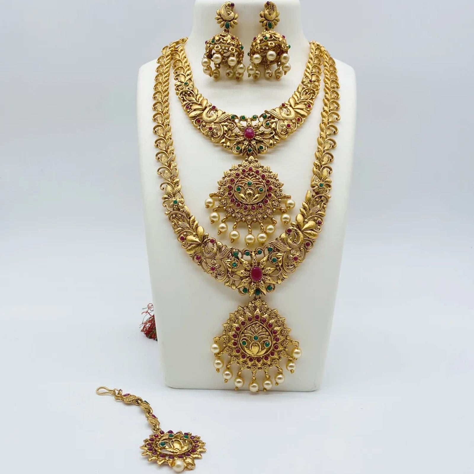 Traditional Gold-Plated Long Necklace Set, Earrings – Handcrafted Ethnic Bridal Jewelry for Weddings & Festive Occasions, Traditional Indian Wedding Jewelry (Set of 3)