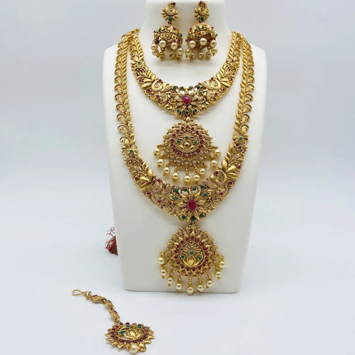 Traditional Gold-Plated Long Necklace Set, Earrings â€“ Handcrafted Ethnic Bridal Jewelry for Weddings & Festive Occasions, Traditional Indian Wedding Jewelry (Set of 3)