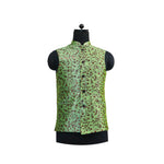 Green floral patterned men's Nehru jacket, an Indian ethnic party wear vest, displayed on a mannequin.