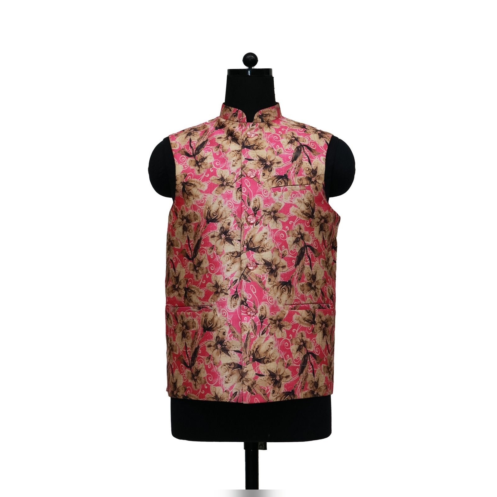 Pink and gold floral Nehru jacket on mannequin, perfect for ethnic celebrations and special occasions.