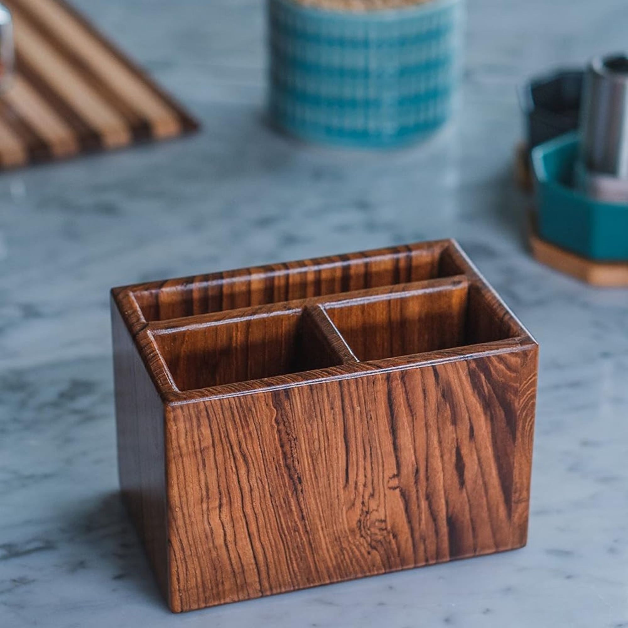 old trunk | Handcrafted Teak Wood Spoon Stand (2+1 Compartment) | Multi-Purpose Organiser | Cutlery Holder For Kitchen and Dining Table