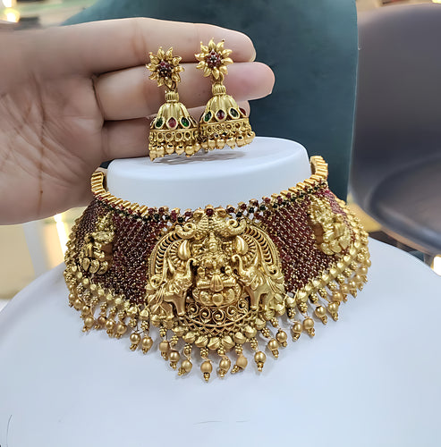 Antique Gold Temple Lakshmi Choker Set, Ruby & Emerald Stones, Traditional Bridal Kemp Jewelry Set, Traditional Indian Wedding Jewelry (Set of 2)