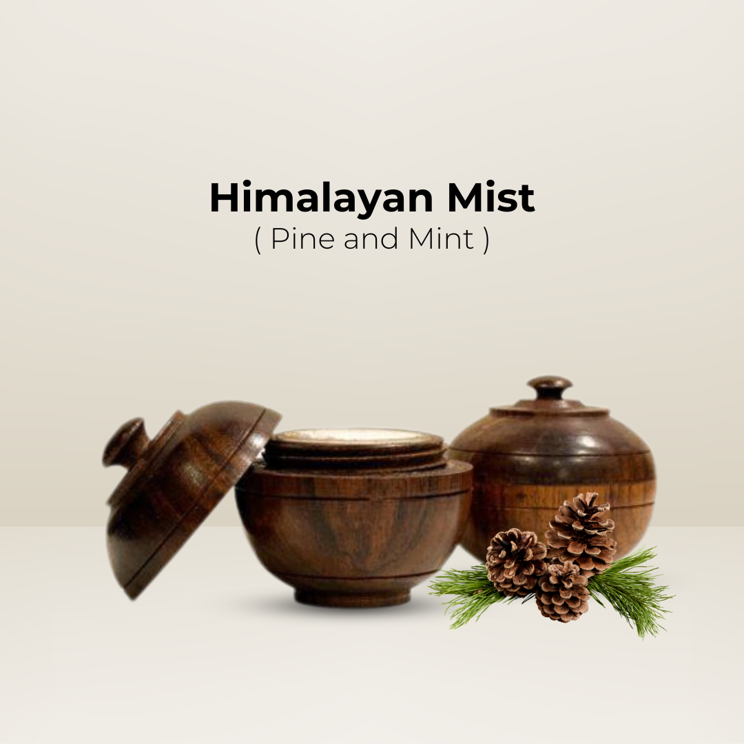 Himalayan Mist Solid Body Wax Perfume in a luxurious wooden jar, infused with natural pine and mint essential oils.