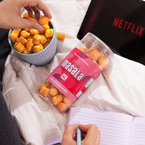 Crack A Nut's Chaat Masala Roasted Multi-Grain Puffs, Savory & Healthy Snack, Packed with Protein & Low in Sugar, Lightly Roasted Multi-Grain Goodness, Perfect for Cravings & Guilt-Free Indulgence, 100g.