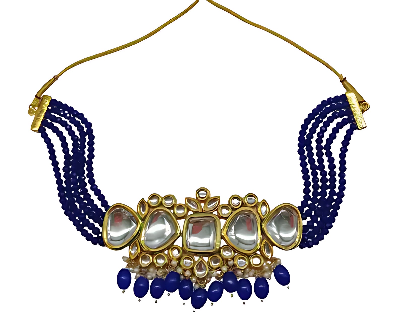 Kundan Blue Beaded Necklace Set - Traditional Multi-Strand Jewelry, Blue Beads and Mirror Work, Traditional Indian Wedding Jewelry (Set of 2)