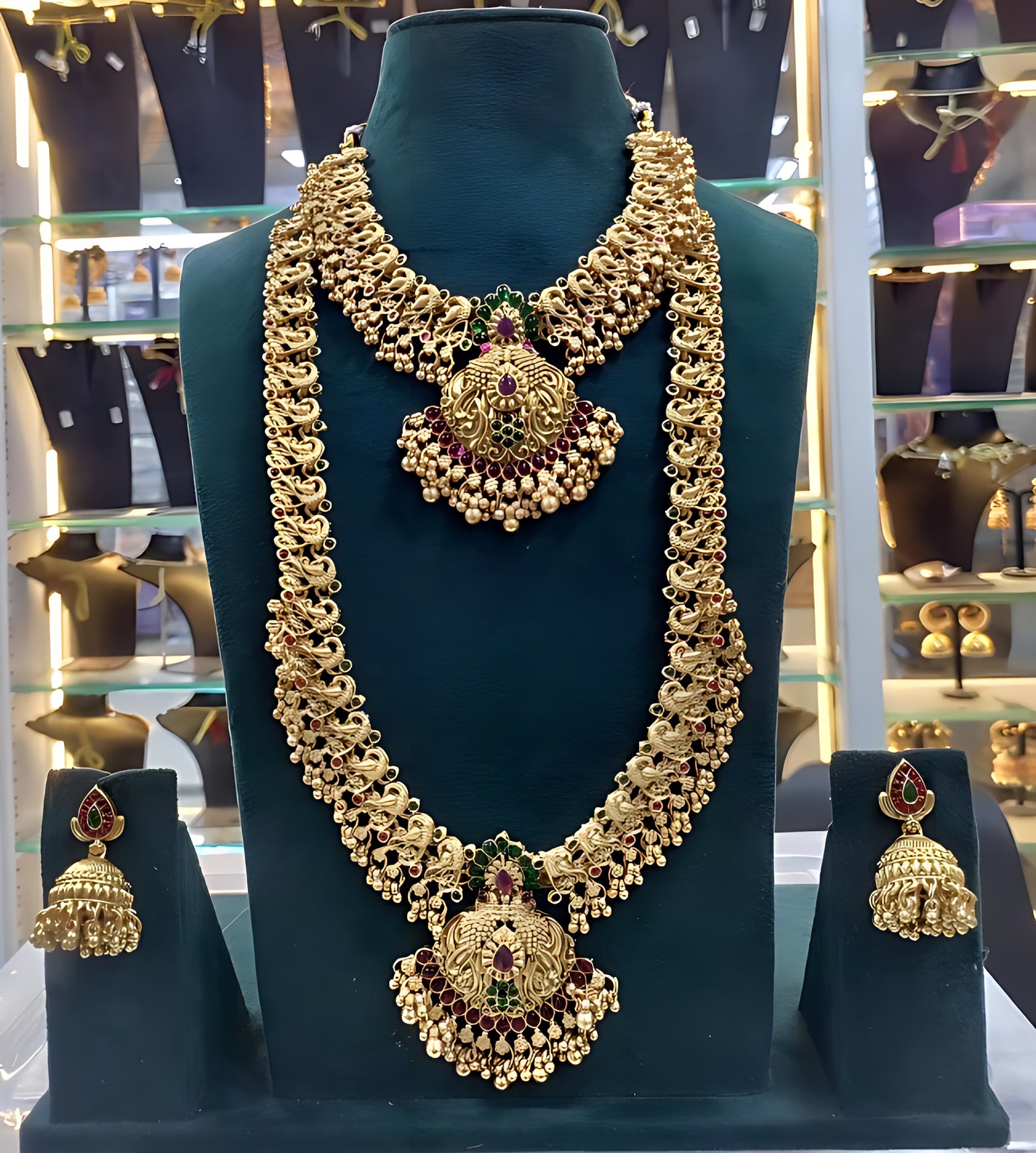 Exquisite Gold-Plated Temple Jewelry Set, Necklace, Choker and Jhumka Earrings, Traditional Indian Wedding Jewelry, Special Occassion Look(Set of 2)