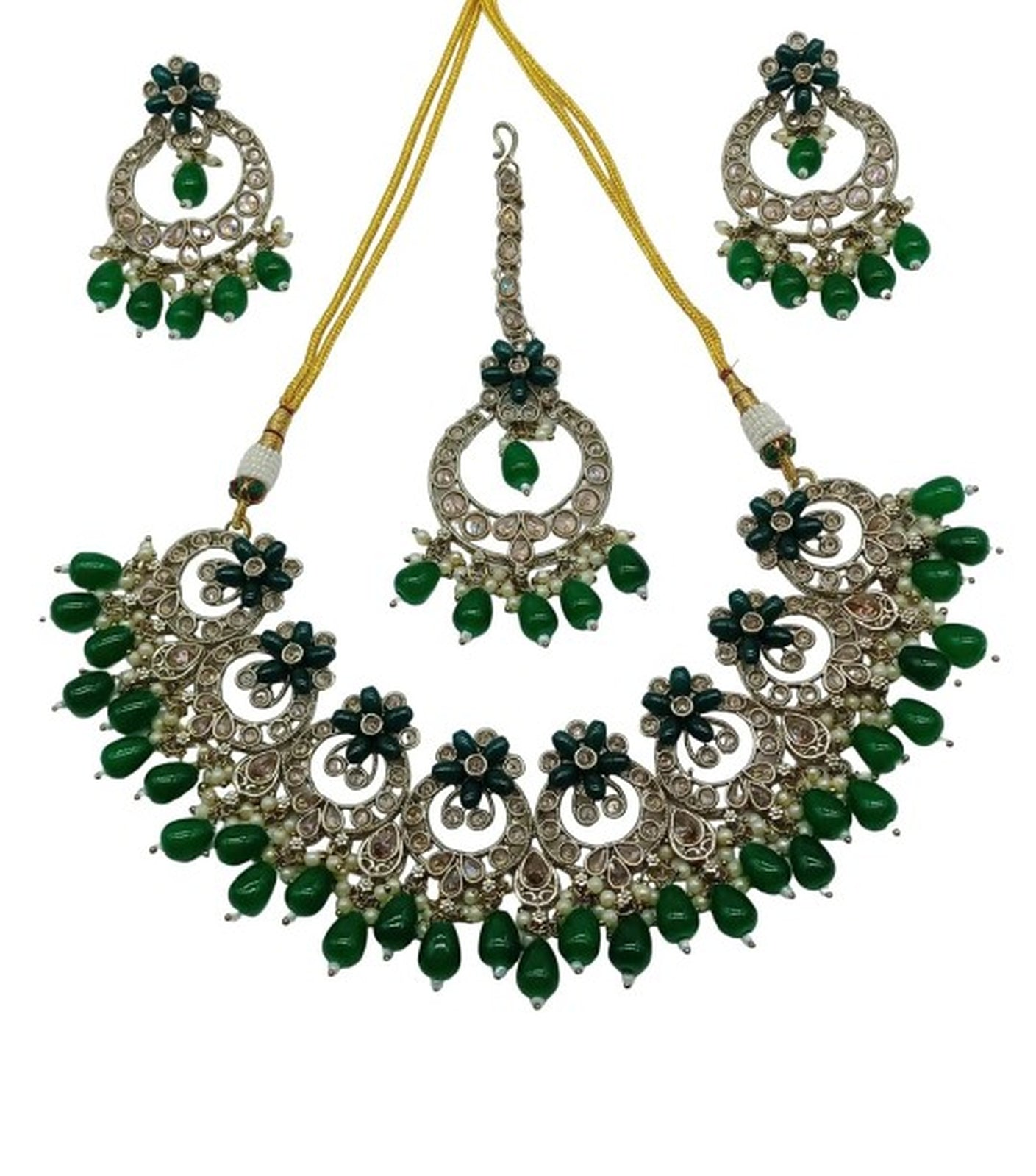 Elegant Green and Gold Indian Jewelry Set - Necklace, Earrings, and Maang Tikka, Traditional Indian Wedding Jewelry (Set of 2)